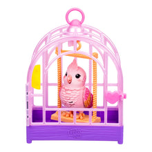 Pink bird toy perched inside purple-and-pink cage with yellow swing