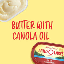 Land O Lakes butter with canola oil label on tub, red text and blue banner