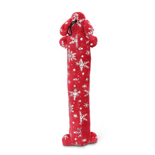 Plush dog loofa toy in red with white snowflake and star patterns