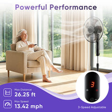 Black standing pedestal fan with remote control and circular fan grille