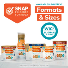 Hypoallergenic baby formula can and tins, multiple sizes and formats, WIC eligible