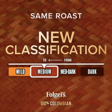 Folgers 100% Colombian coffee box panel with roast classification and medium badge