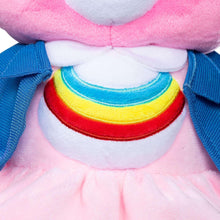Pink plush outfit with rainbow collar and blue jacket trim