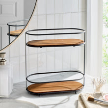 Two-tier vanity organizer with round wood shelves and clear black metal frame