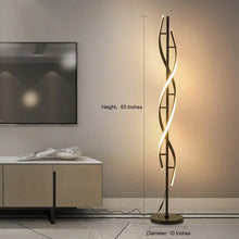 Modern spiral LED floor lamp with curved light bars, slim pole, and round standing base