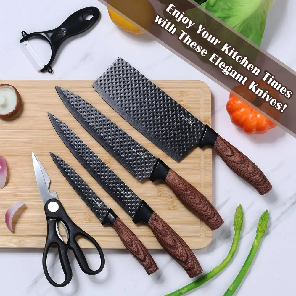 Vesteel Kitchen Knife Set of 7, Professional Stainless Steel Knives Set for Kitchen with Universal Knife Block - Khaki - USA MEGA SHOP