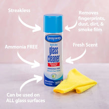 Sprayway glass cleaner aerosol can with blue cap and yellow microfiber cloth