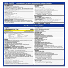 TheraFlu severe cold relief drug facts label with daytime and nighttime dosing info