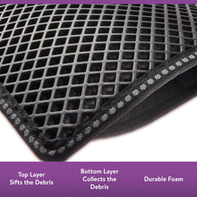 Black sifting litter mat close-up, layered mesh grid and stitched border seam