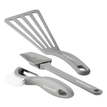 Gray cooking tools set: slotted spatula, turner, and silicone scraper
