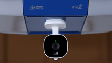 Garage security camera with myQ branding and lens, front view on mount