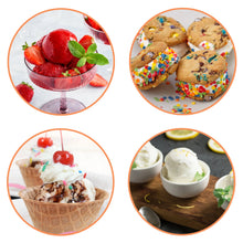 Assorted ice cream desserts in bowls and cones, garnished with fruit and sprinkles