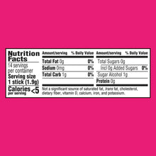 Sugar-free gum Nutrition Facts panel with calories, carbs, and protein per stick (1.9 g)