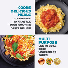 Nonstick pasta pot with strainer lid, holding spaghetti and meat sauce