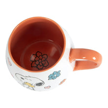 White ceramic mug with orange interior and handle, Peanuts Snoopy mother/baby graphic on side