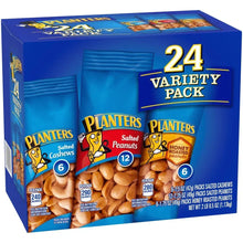 Planters 24-count variety pack box front with salted cashews, salted peanuts, honey roasted peanuts