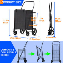 Black folding shopping cart with handle, removable basket, and swivel wheels