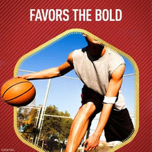 Body wash label graphic showing a man dribbling a basketball on a blue panel