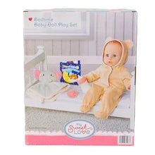 Bedtime baby doll play set box featuring a doll in tan hooded sleeper and crib.