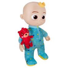 Front-facing blue patterned plush JJ doll with small red teddy bear plush