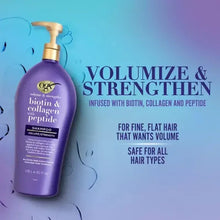 OGX volume & strengthen shampoo bottle, biotin collagen peptide formula