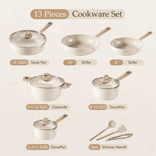 13-piece ceramic cookware set layout with various pan sizes and lids