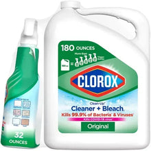 Clorox cleaner with bleach bottles: green spray bottle (32 oz) and refill jug (180 oz).