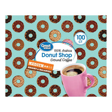 Donut Shop ground coffee pods pack, 100 ct, medium label on donut background