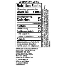 Nutrition Facts label for 12 servings, zero sugar peach iced tea