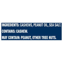 Ingredients label for cashews with sea salt and allergen statement