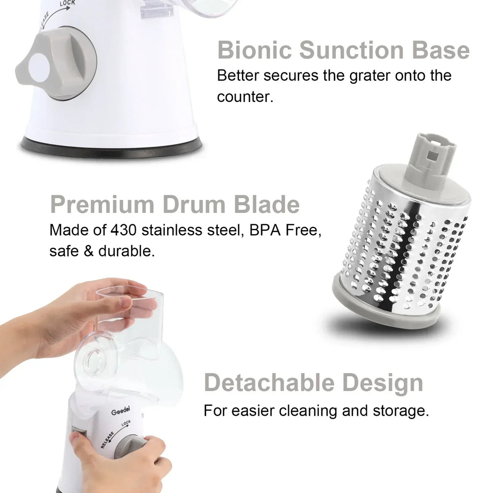 Geedel Rotary Cheese Grater, Kitchen Grater Vegetable Slicer with 3 Interchangeable Blades, Powerful Suction, Dishwasher Safe, Easy to Clean Grater for Vegetable, Fruit, Nuts - USA MEGA SHOP