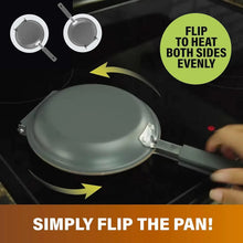 Double-sided flip pancake pan on a stovetop burner with handles