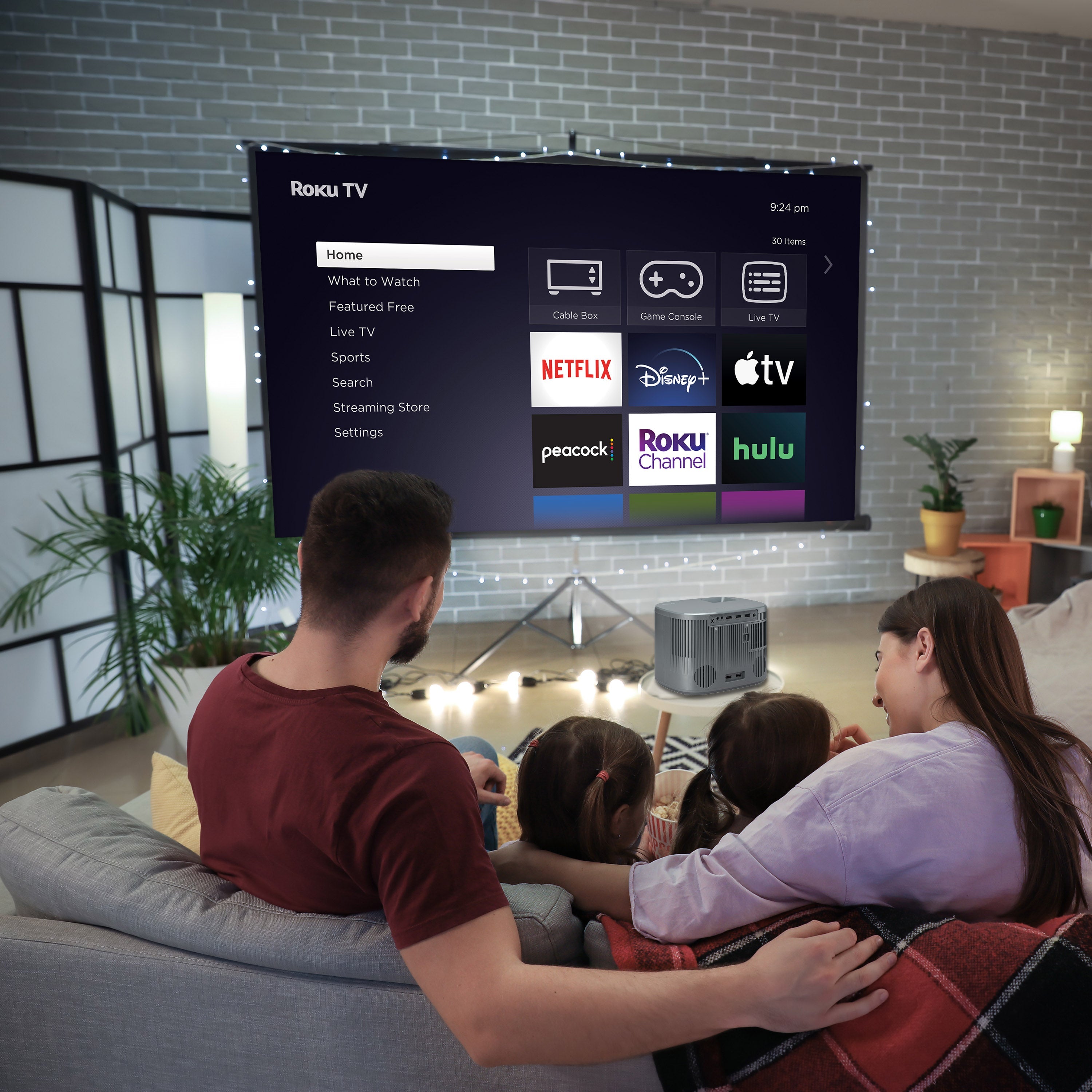 RCA 720P HD Roku Smart Home Theater Projector With Roku Express Streaming, 150 ANSI, RPJ185, Black