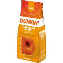 Dunkin’ caramel me crazy ground coffee bag with donut caramel graphic, 11 oz