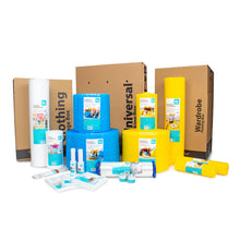 Multiple wardrobe and packing boxes with assorted storage supplies and labels