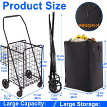 Black folding shopping cart with large-capacity wire basket and waterproof bag