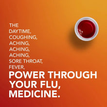 Flu medicine graphic with red-liquid cup and "power through your flu" text