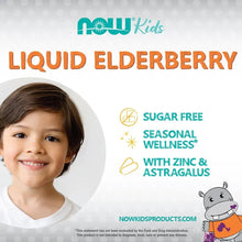 Liquid elderberry marketing card with smiling child and sugar-free seasonal wellness text
