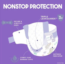 Diaper pack with nonstop protection graphic, secure sides and wetness indicator