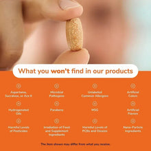 Dietary supplement ingredient exclusions list on orange panel