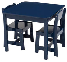 Kids wood table and chair set with dark blue tabletop and two wooden chairs