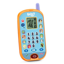 VTech Bluey ring phone, orange case, purple antenna and lit keypad numbers