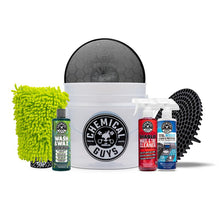 Car cleaning kit set with wash wax, wheel & tire cleaner bottles, and detailing mitt