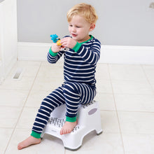 White two-step kids step stool with gray non-slip tread surfaces