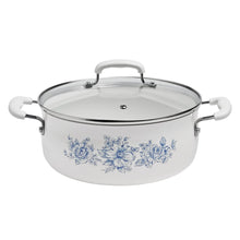 White ceramic stockpot with Agatha Blue floral design, glass lid, and side handles