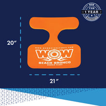 Orange saddle float with WOW branding and shown dimensions 20 in and 21 in