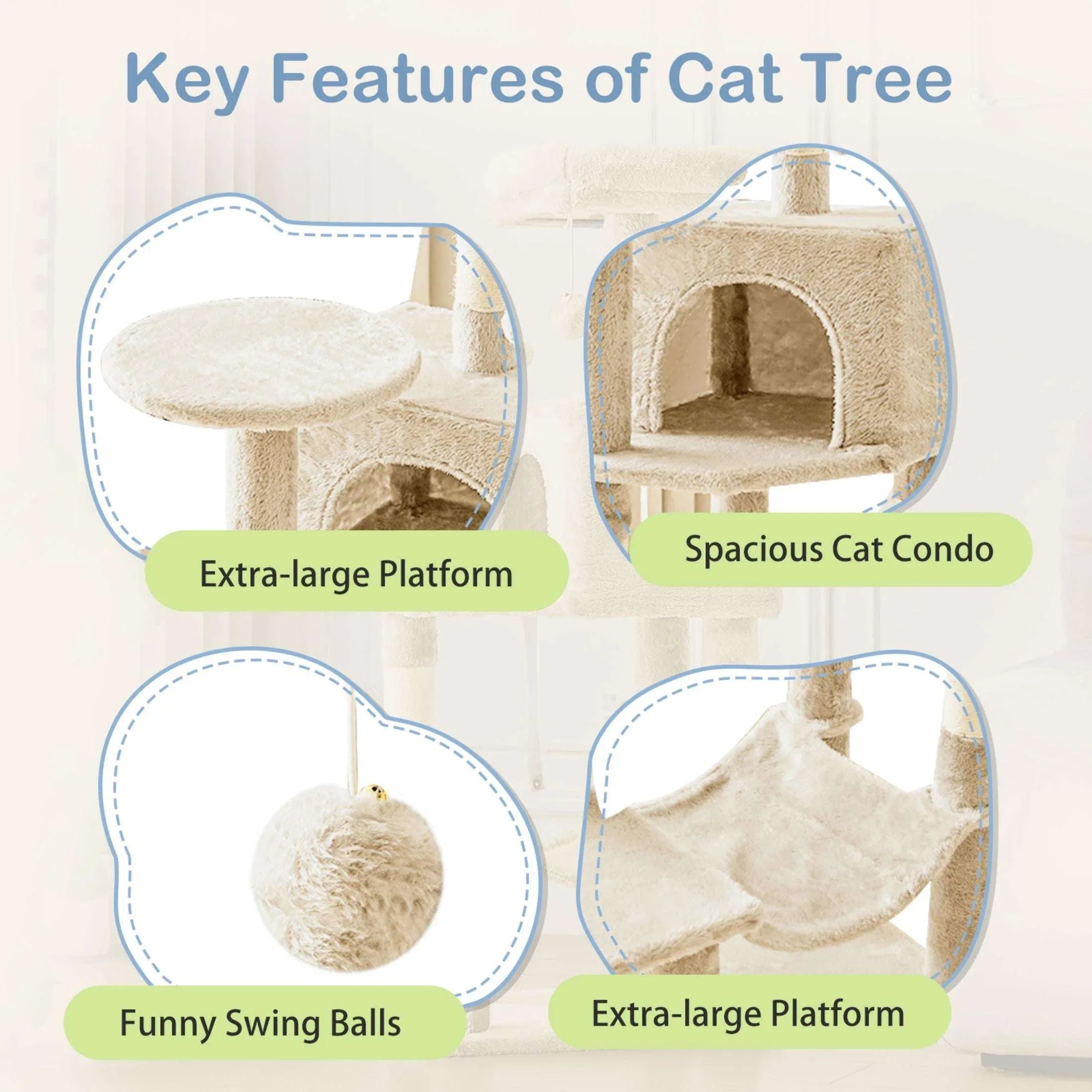 EDX 44" Cat Tree Tower for Indoor Cats, Multi-Level Durable Climbing Tower, Pet House with Natural Sisal Scratching Post, Cozy Condo, Extended Platform, Kitten Toy and Hammock, Beige - USA MEGA SHOP