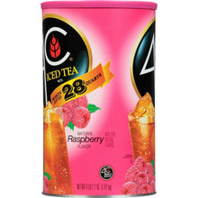 Raspberry iced tea mix canister front with 28 quarts and raspberry flavor text