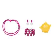 Hot-pink doll accessories: beaded necklace, small charm pair earrings, crown-shaped charm