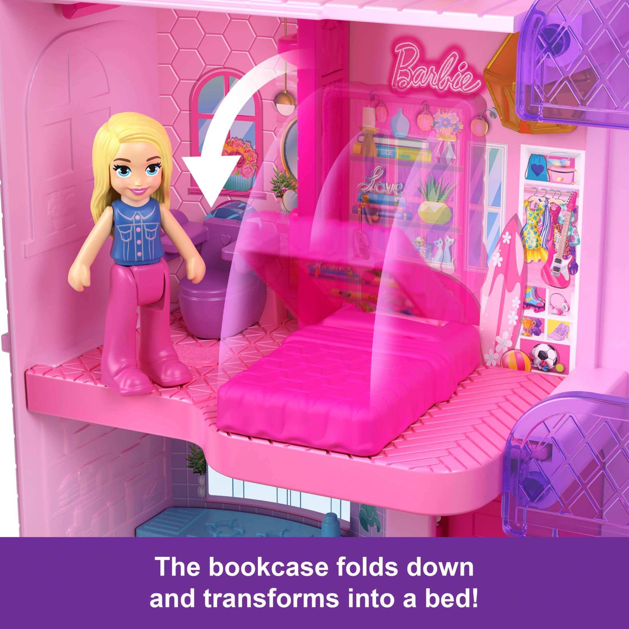 Polly Pocket Barbie Dreamhouse Compact, Dollhouse Playset with 3 Micro Dolls, 1 Pet & 11 Accessories